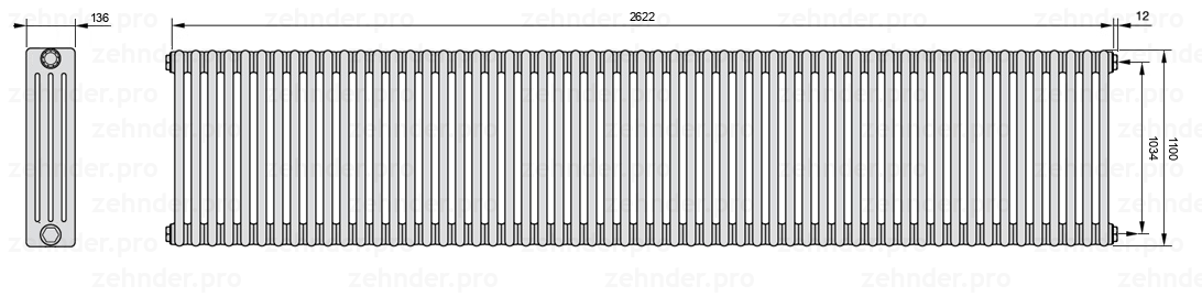 Схема (чертеж) Радиатор Zehnder Charleston 4110/57 №7610 Белый глянцевый RAL 9016